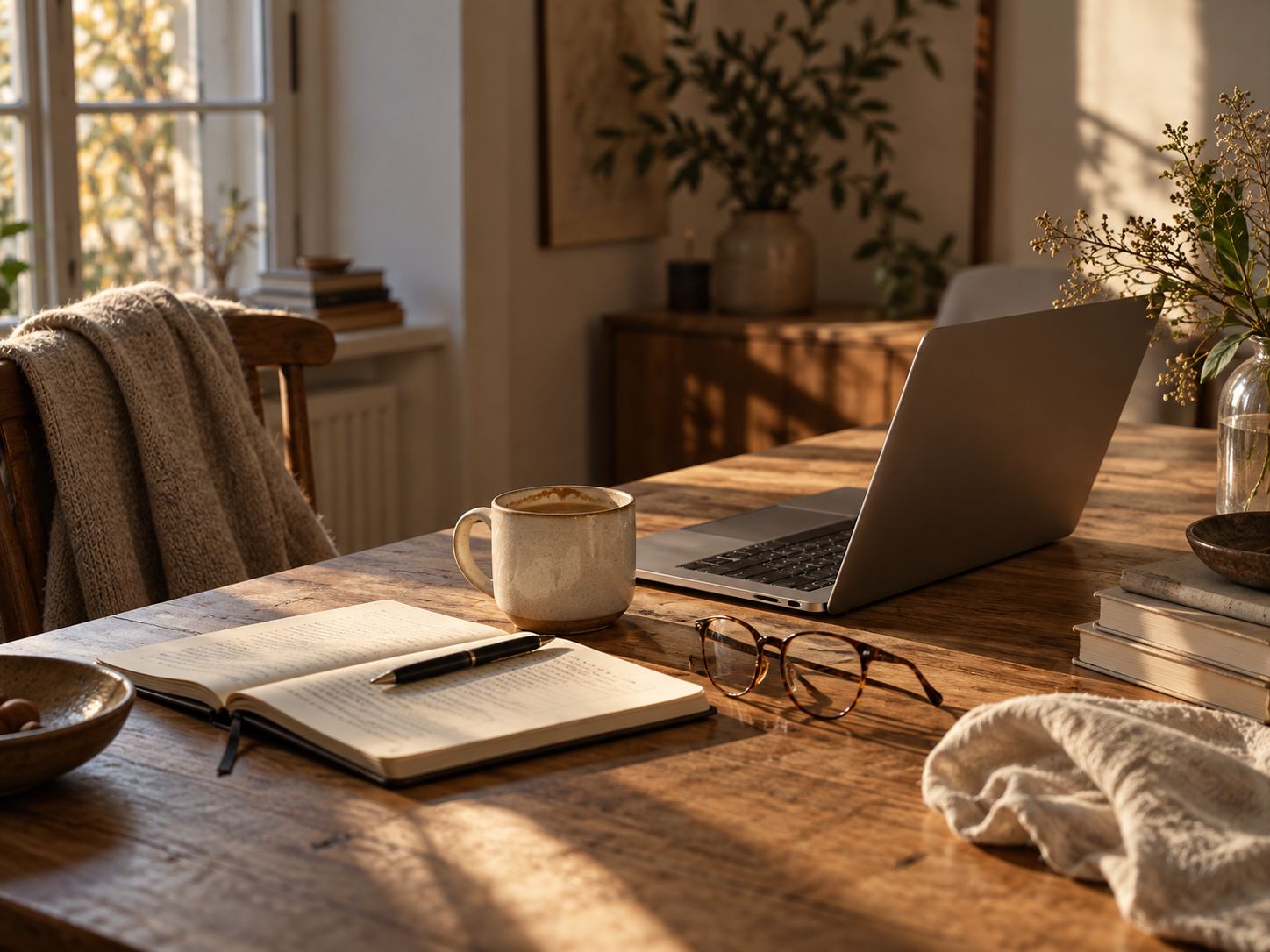 Arbeitsplatz mit offenem Laptop, Notizbuch und Kaffee während einer Pause