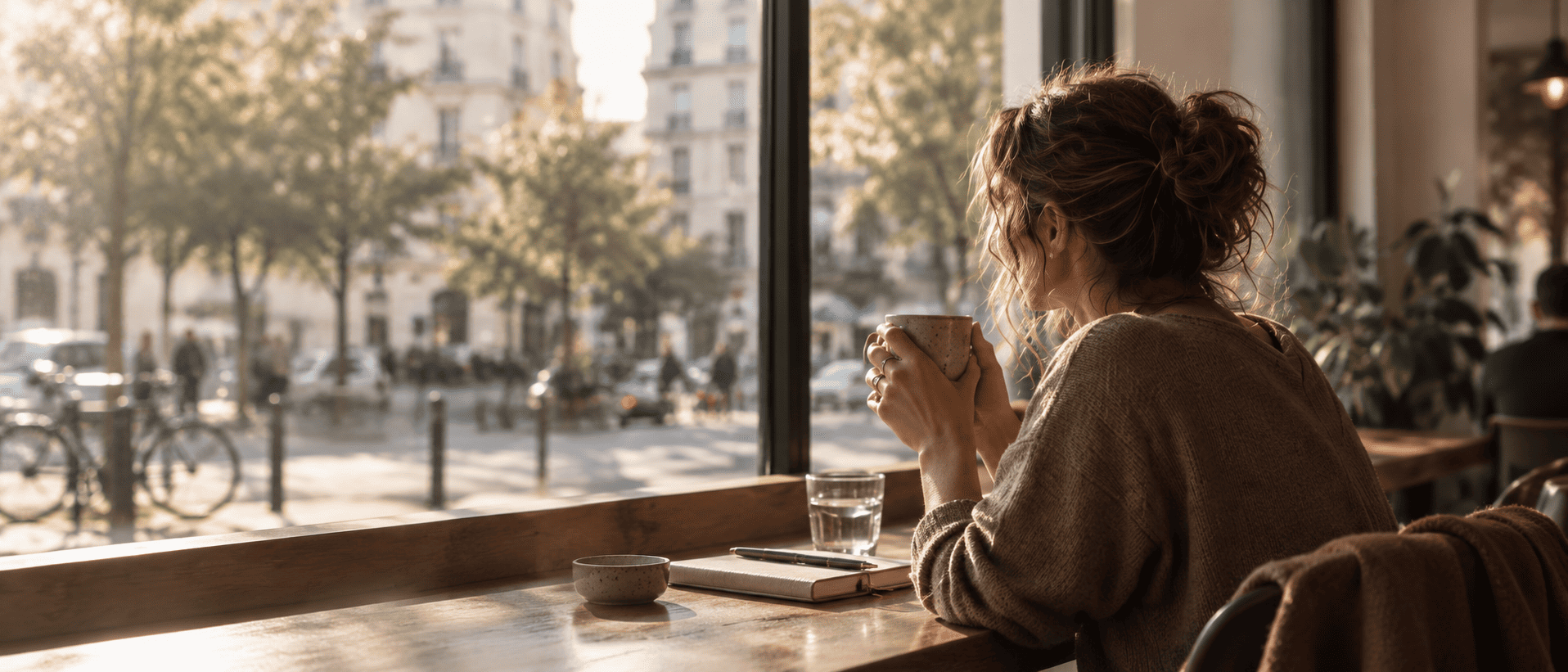 Frau sitzt mit einer Tasse am Fenster eines Cafés und blickt nach draußen.