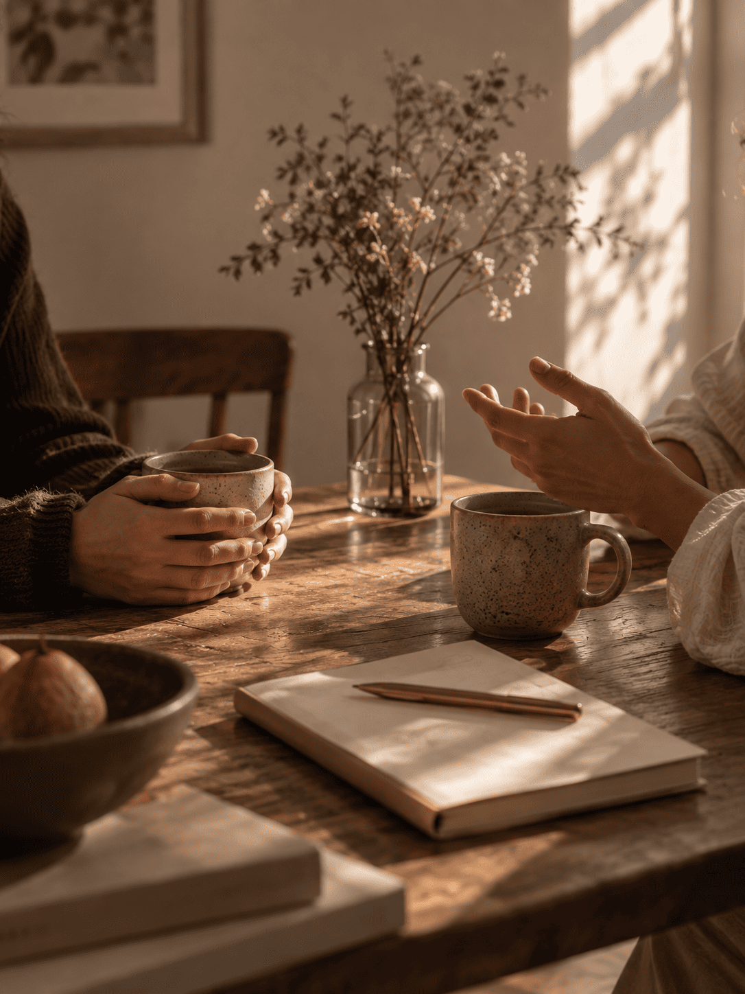 Zwei Frauen sitzen mit Tassen an einem Tisch und unterhalten sich im warmen Sonnenlicht.