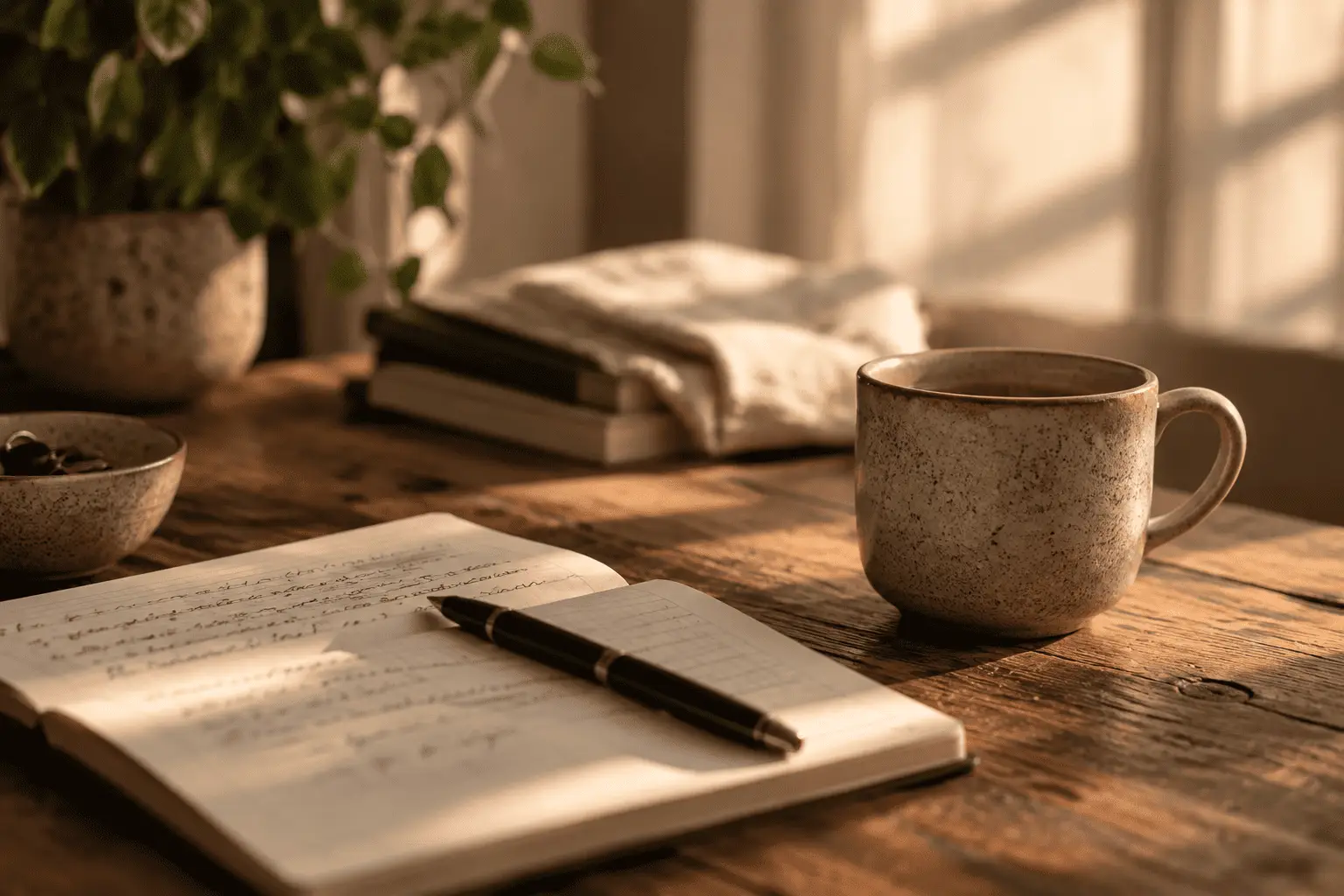 Geöffnetes Journal mit Stift und Tasse auf einem Holztisch im warmen Morgenlicht.