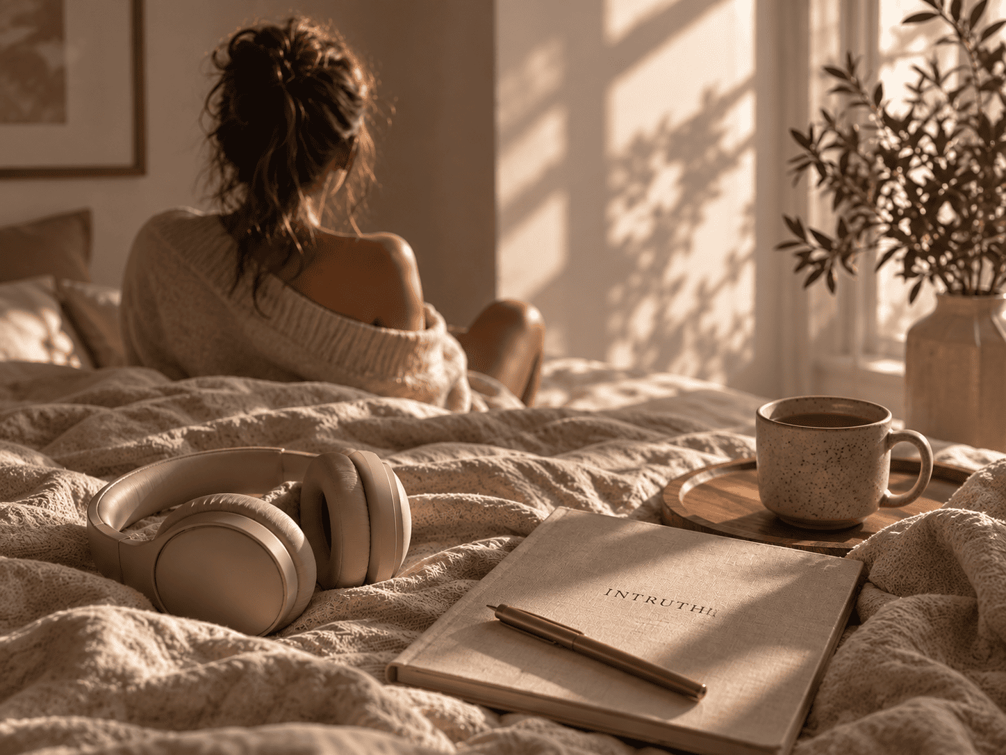 Frau sitzt im warmen Morgenlicht auf einem Bett neben Kopfhörern, Notizbuch und einer Tasse.