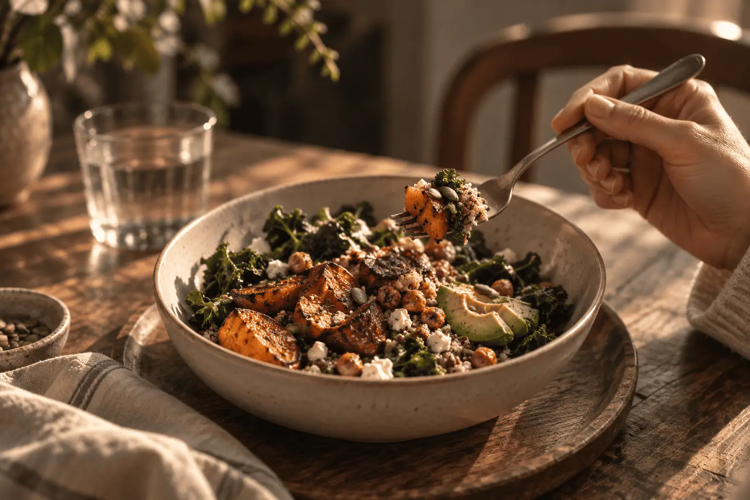 Frau isst eine Bowl mit Gemüse, Avocado und gerösteten Zutaten an einem Holztisch.