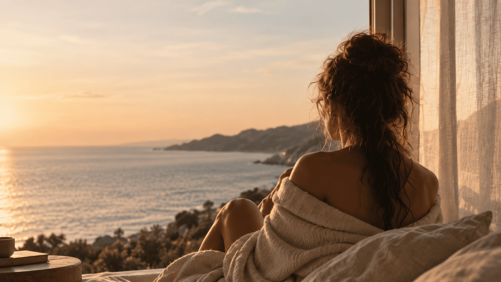 Frau sitzt im warmen Abendlicht am Fenster und blickt ruhig auf das Meer und die Küste.