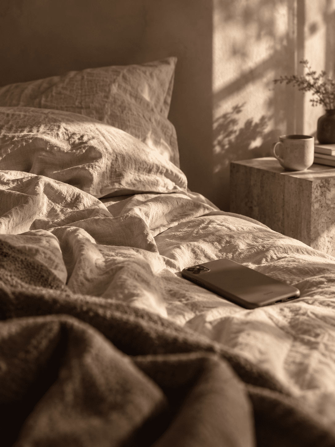Smartphone liegt auf einem ungemachten Bett im warmen Morgenlicht, daneben eine Tasse auf dem Nachttisch.