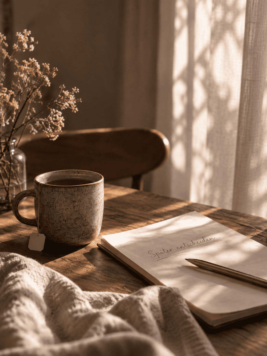 Geöffnetes Journal mit der handschriftlichen Notiz „Später entscheiden“, daneben eine Tasse Tee im warmen Sonnenlicht.