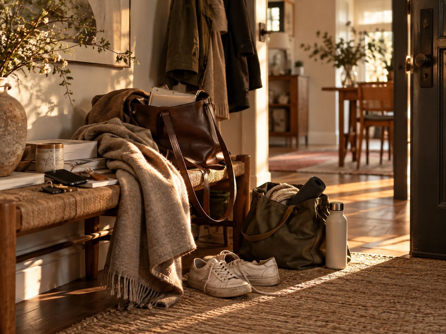 Tasche, Schuhe, Unterlagen und Yogamatte liegen für einen vollen Alltag im Eingangsbereich bereit.