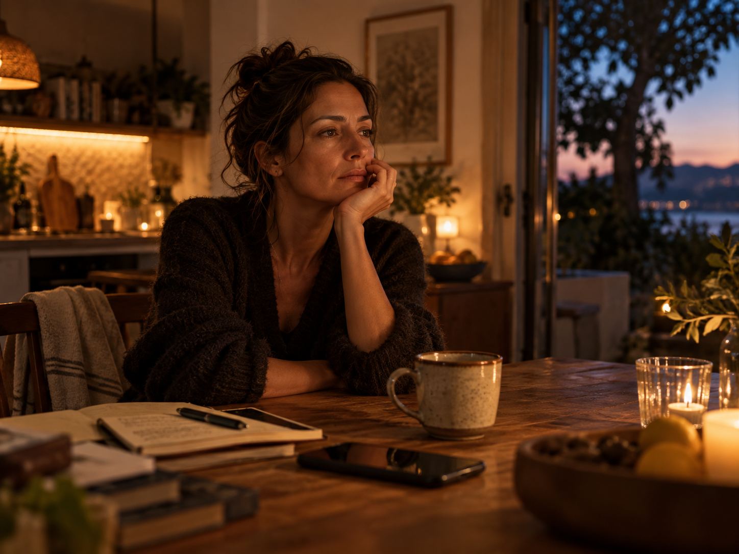 Nachdenkliche Frau sitzt abends mit Smartphone und Notizbuch am Tisch und kommt nicht zur Ruhe.